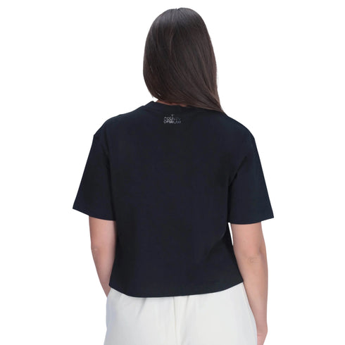 T-shirt Donna crop, con una scollatura girocollo decorata con strass